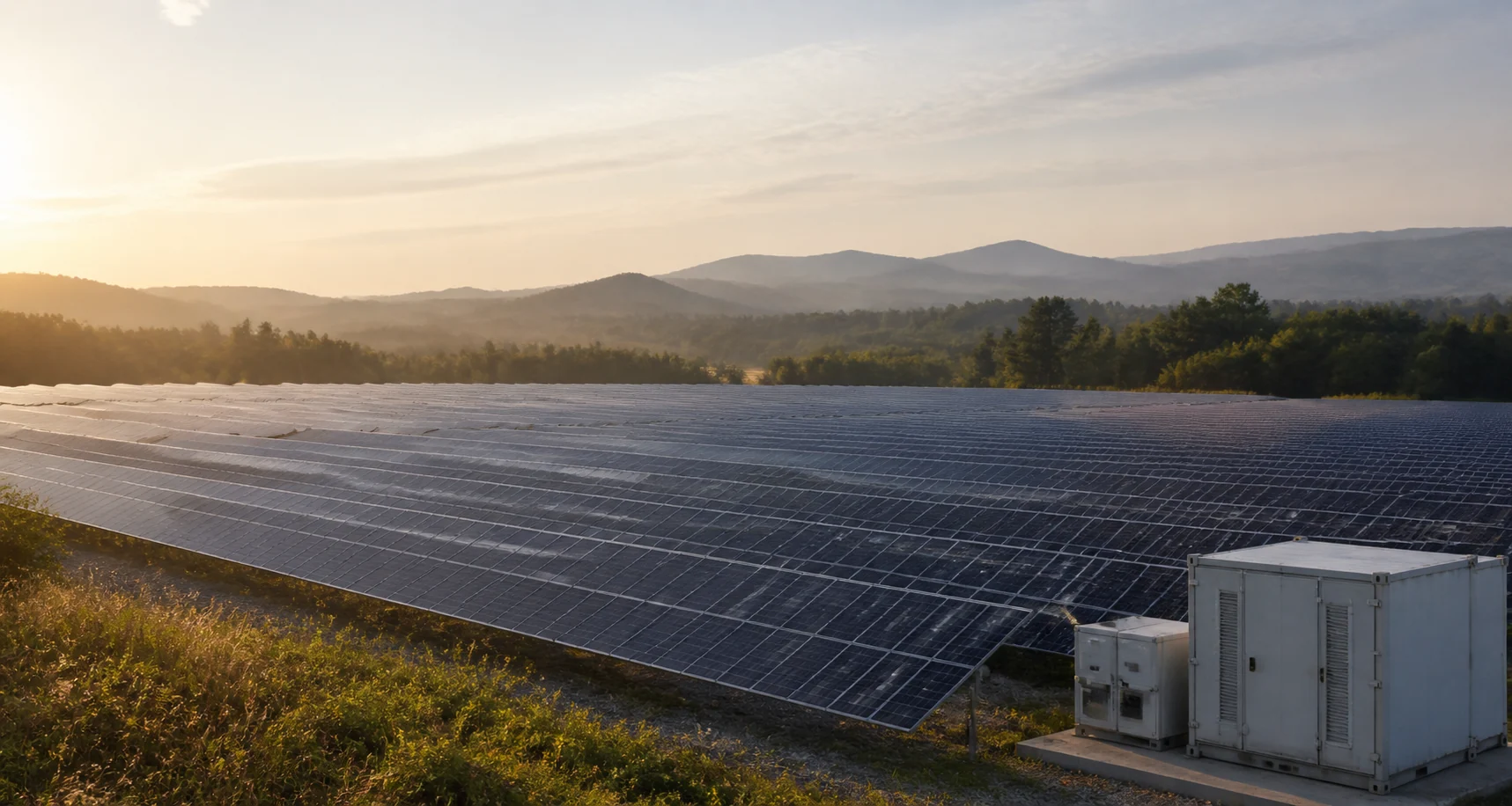 Warm sunlight over a large photovoltaic field with discreet battery storage and inverter equipment