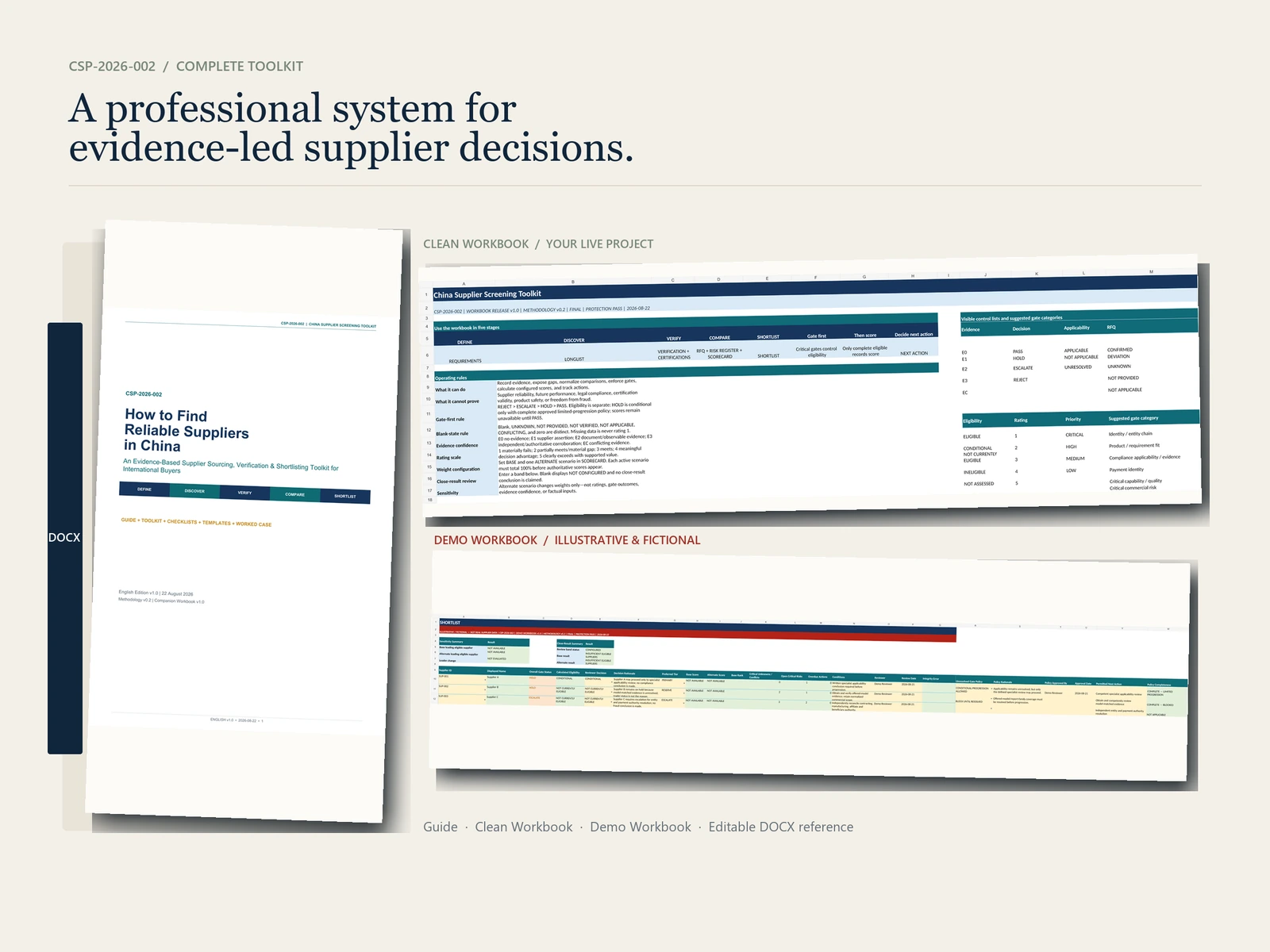 SolarBridge supplier toolkit shown as a guide with clean and fictional demo workbook previews.